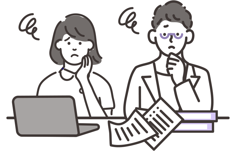 故障やデータ管理に不安を感じているスタッフのイラスト